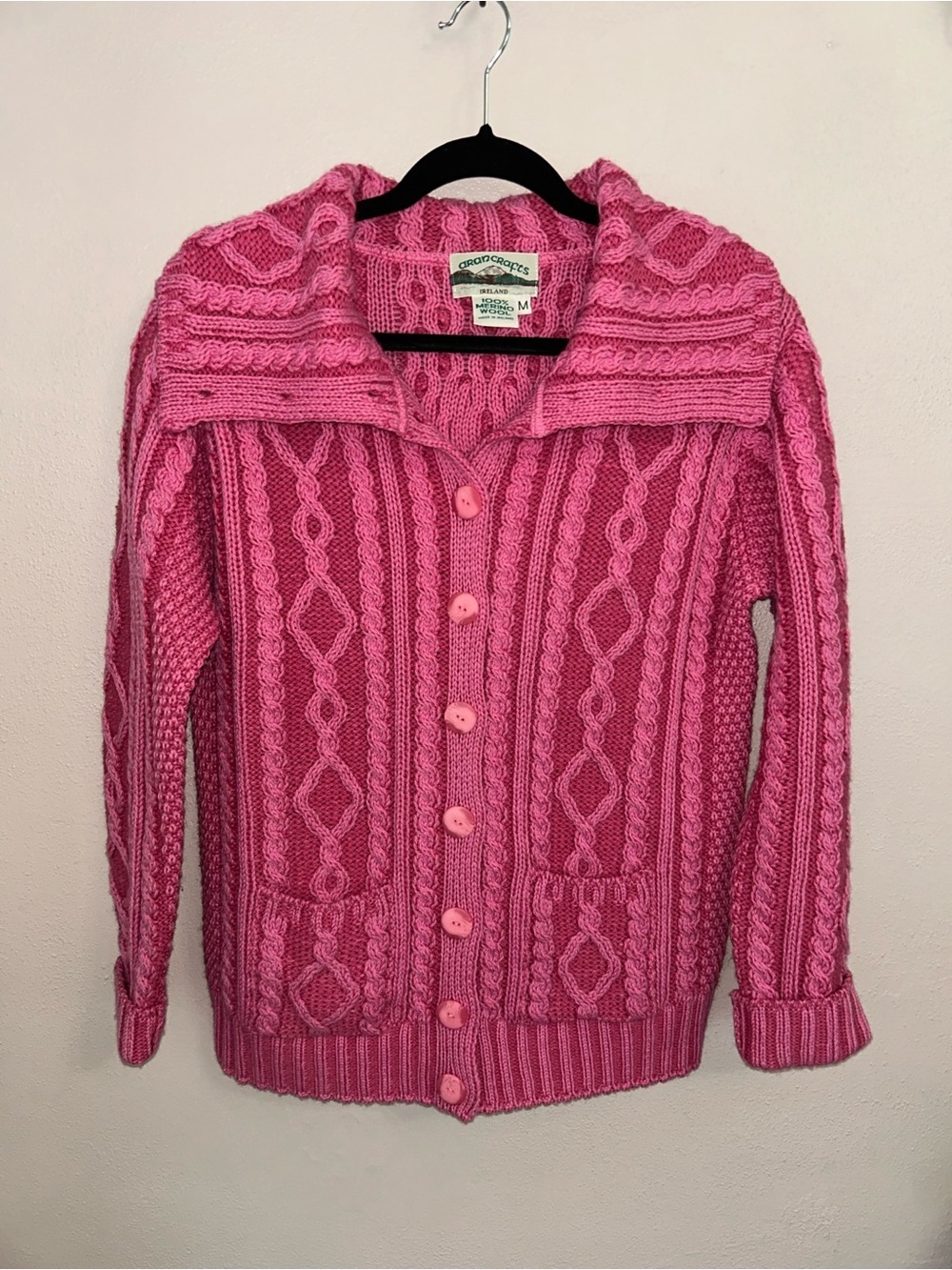 Aran crafts Meriino wool cable knit bubblegum pink cardigan